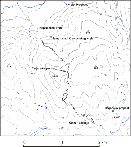 Map of surroundigs of Cerjanska pecina (gif, 19 k)