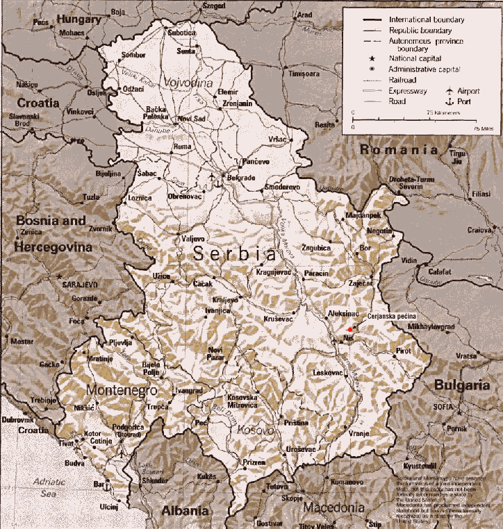 Map of Yugoslavia with the location of Cerjanska pecina (gif, 150 k)